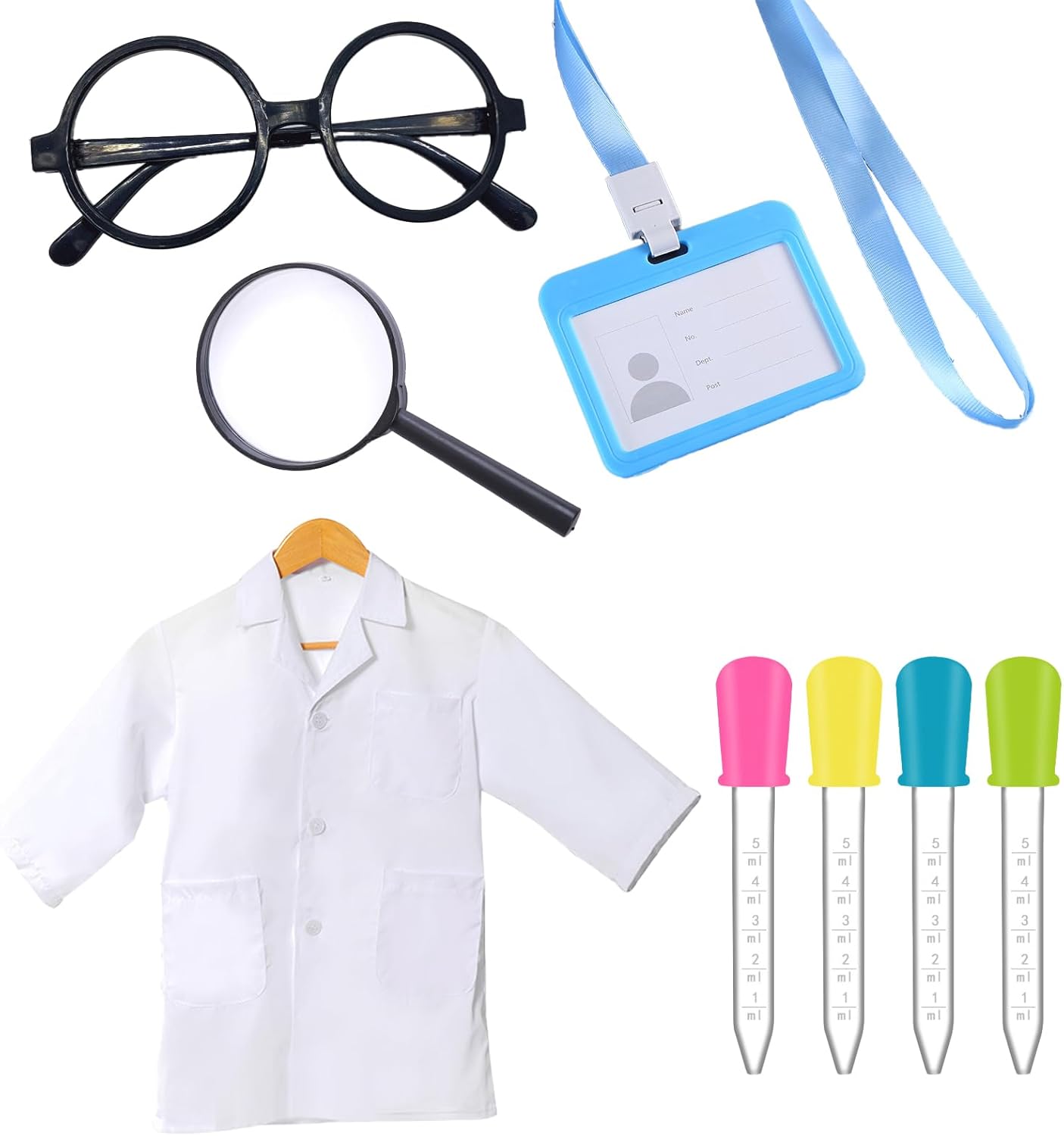 SPOKKI 8 Pcs Kids Lab Coat Doctor Scientist Costume, Size S Kids White Lab Coat with Certificate,Glasses,4 Droppers,Magnifying Glass, Crazy Scientist Costume for Role Play, 120-130cm tall