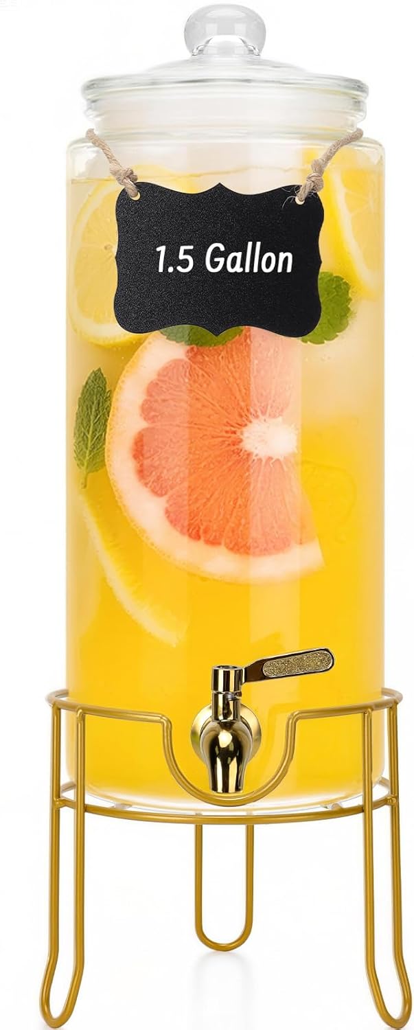 DHSBTLS 1.5 Gallon Glass Drink Dispensers, Round Beverage Dispenser for Party, BBQ and Picnic, Clear Airtight Juice Dispenser with Golden Stand, Stainless Steel Spigot, Markers and Chalkboard