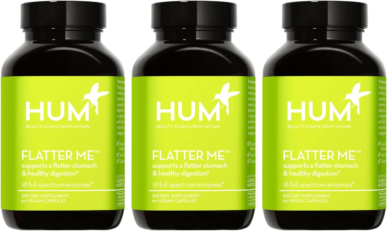 HUM Flatter Me Supplement for Daily Bloating - 18 Full Spectrum Digestive Enzymes to Support Food Breakdown - Ginger, Fennel Seed & Peppermint for Nutrient Absorption (180-Count)