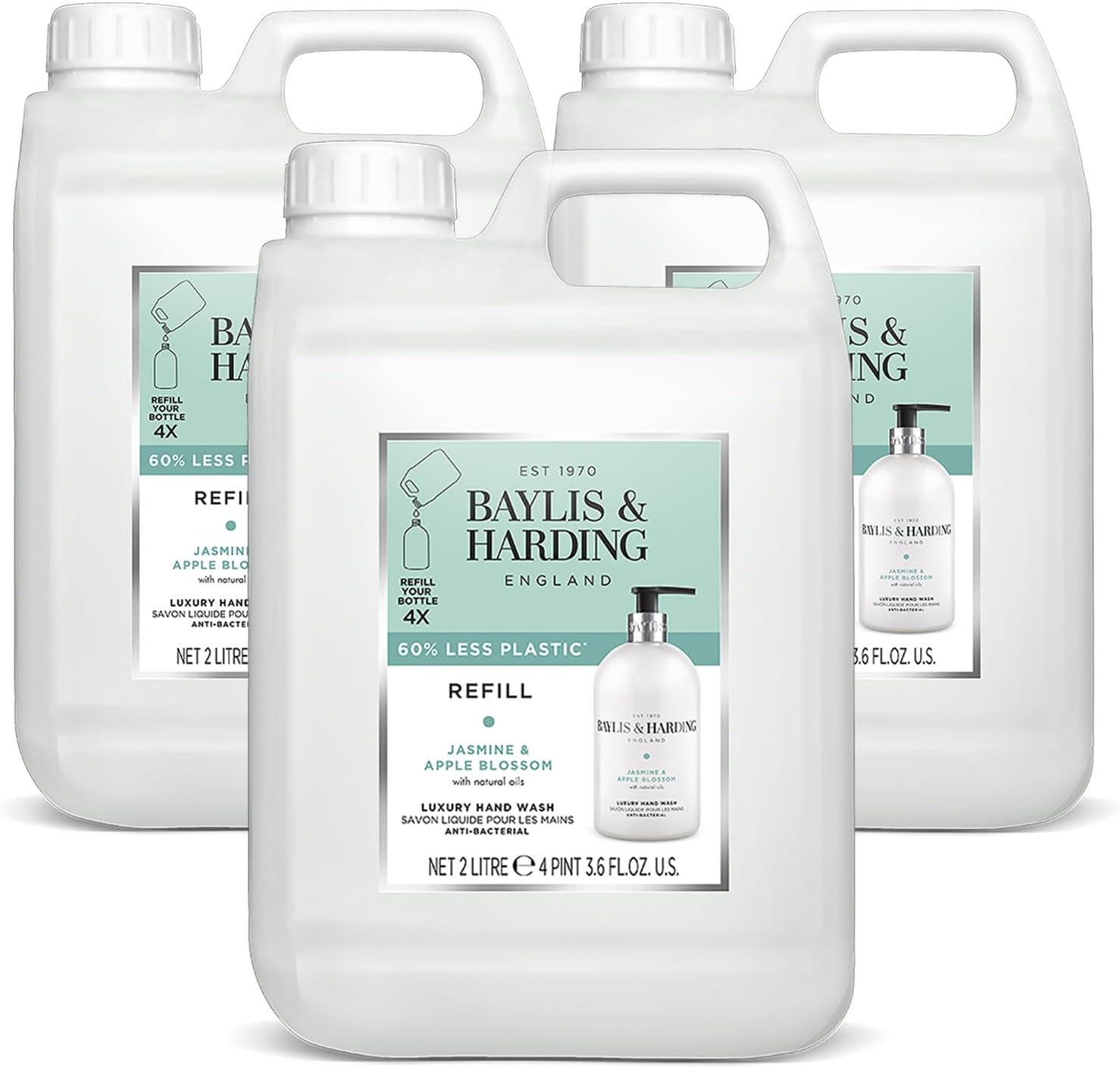 Baylis & Harding Jasmine & Apple Blossom Anti-Bacterial Hand Wash 2 litre Refill (Pack of 3 - Total 6 litres) - Vegan Friendly