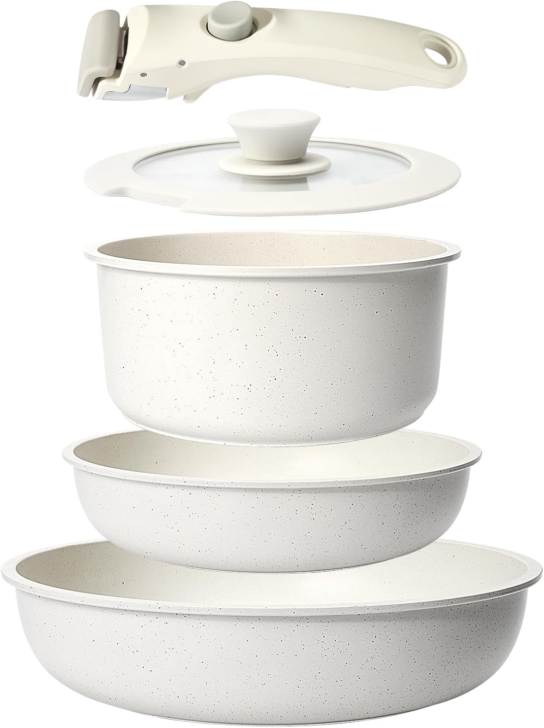 GiPP Pots and Pans Set Non Stick,5PCS Cookware Sets Nonstick Detachable Handle,Induction Kitchen Set Removable Handle，RV Cookware Set,Oven Safe(White，5PCS