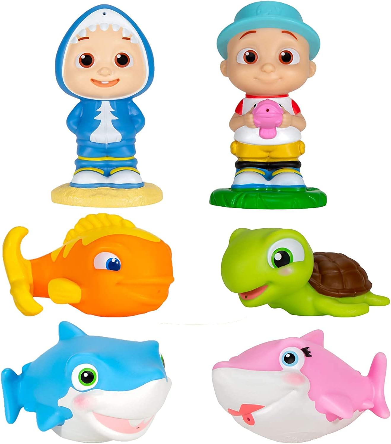 CoComelon Water Squirter Toys for Pool & Bath, 6-Pack - Officially Licensed - JJ, Baby Shark, Turtle, Fish Figure Playset - Summer Swim Toy Gift for Toddlers, Preschoolers, Kids - 18mo+