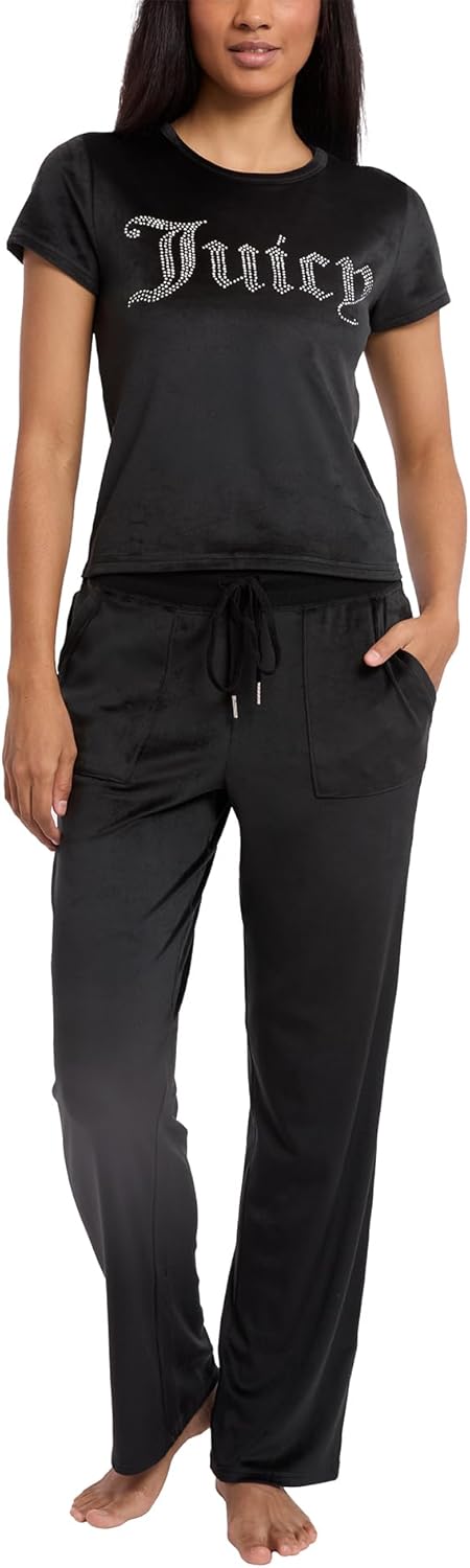 Juicy Couture Women's 2 Piece Velvet Fleece Short Sleeve Shirt and Pants Lounge Sleepwear Set