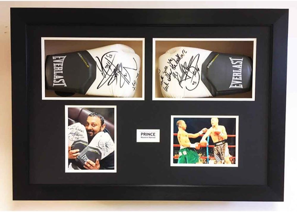 Boxing Glove Display Case 3D Frame For 2x Signed Boxing Gloves with photo and title - Black Frame - Black Mount