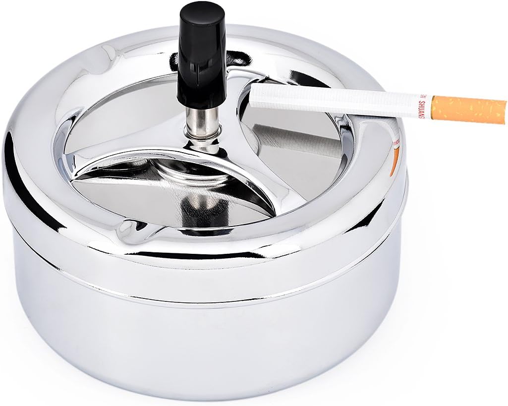 DS. DISTINCTIVE STYLE Round Push Down Ashtray with Spinning Tray Metal Cigarette Ash Tray Large 5.2 Inches Home Ashtray for Outside Patio - Silver
