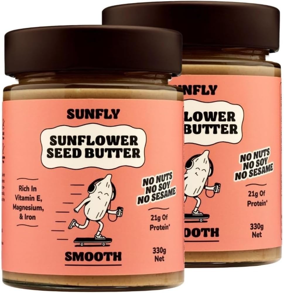 SUNFLY Smooth Sunflower Seed Butter – Palm Oil Free, Peanut Butter Alternative - Creamy, Nut-Free, Vegan Protein Spread -Top 14 Allergen Free, Soy Free - Rich in Vitamins & Minerals - 2 x 330g Jars