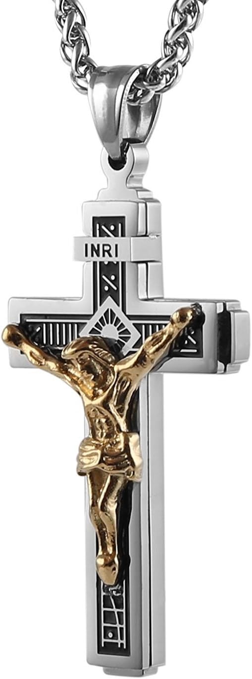 HZMAN Catholic Jesus Christ on INRI Cross Crucifix Gold Silver Tone stainless steel Pendant Necklace 22+2 Chain