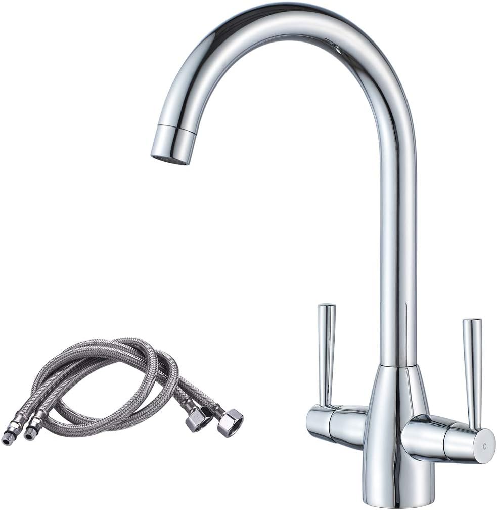 NewEast Kitchen Mixer Taps,Monobloc Swivel Spout Dual Lever Chrome Kitchen Sink Tap with UK Standard Hoses