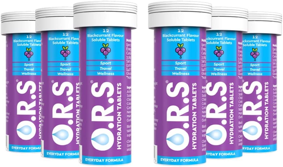 O.R.S Hydration Tablet with Electrolytes for Rehydration, Wellness, Travel, Sports & Recovery | Vegan, Gluten-Free & Low-Calorie Electrolyte Tablets Blackcurrant Flavour, 72 Tablets
