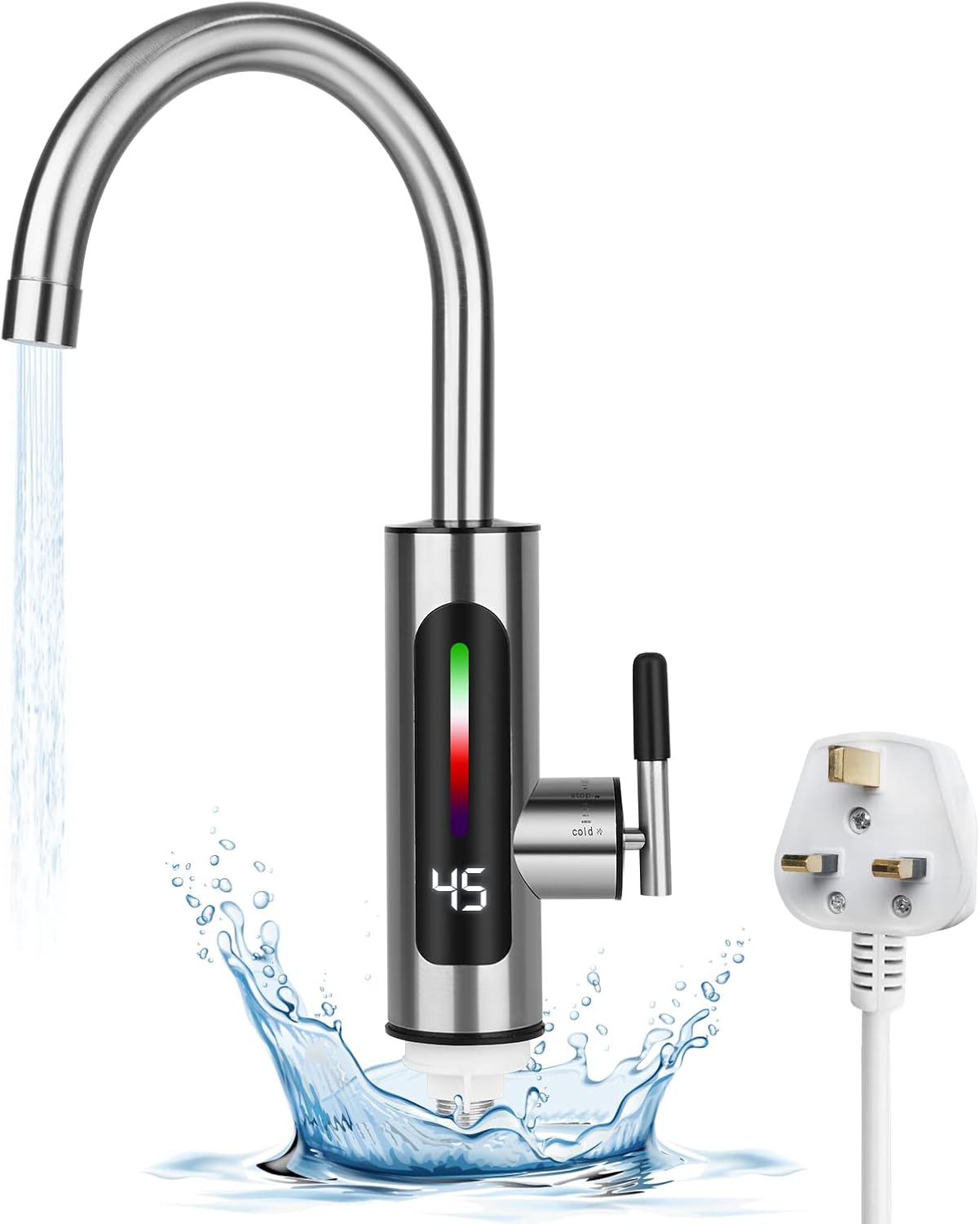 Instant Hot Water Faucet, 220V 3000W Instant Electric Water Heater Tap, Stainless Steel Kitchen Tap, LED Temperature Digital Display, 360° Rotatable Cold Hot Mixer for Kitchen, Bathroom