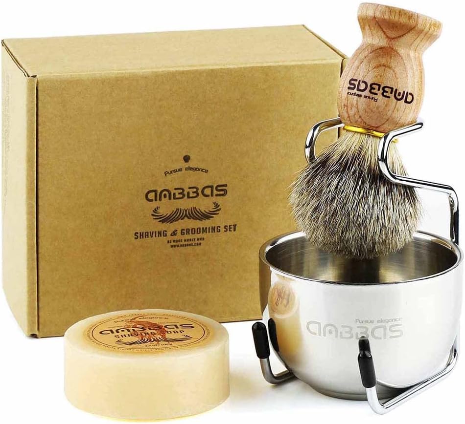 Anbbas Badger Hair Shaving Brush with Wood Handle,Goat Milk Shaving Soap 100g,Stainless Steel Shaving Stand and 2 Layers Shaving Bowl Perfect for Men Gift