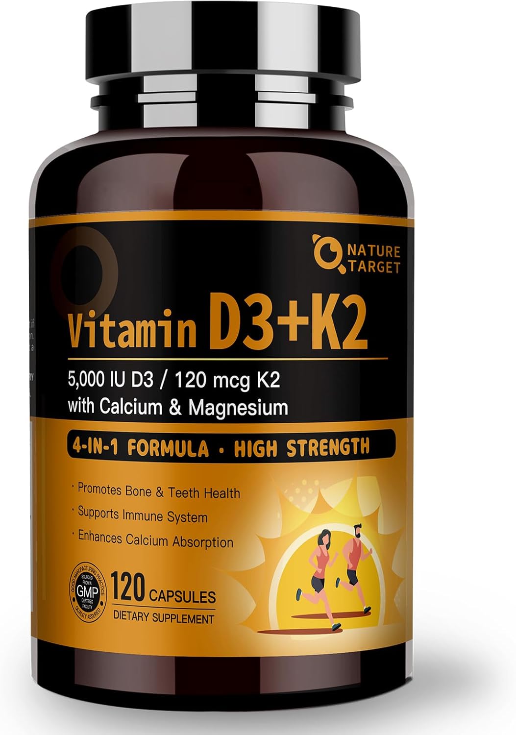 NATURE TARGET Vitamin D3 K2 with Calcium & Magnesium - Max Strength 4 in 1 Formula for Bone, Heart & Immune Support - Supplies 5000 IU Vitamin D3 & 120 mcg of Vitamin K2, 120 Count