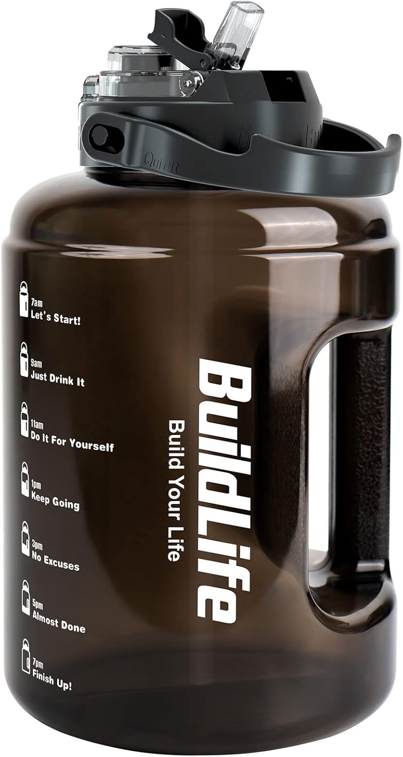BuildLife Water Bottles with Straw & Flip Cap 2 in 1 Lid - Large Water Bottle with Time Markings BPA Free Leak Proof Wide Mouth Drinks Bottle,2.5 Litre Durable Sports Water Bottle (Black)