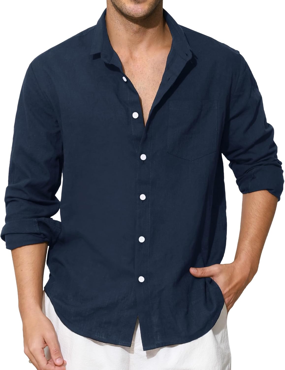 Enlision Mens Cotton Linen Shirts Long Sleeve Casual Henley Shirts Banded Collar Lightweight Solid Color Summer Beach Shirt Holiday with Pocket S-4XL