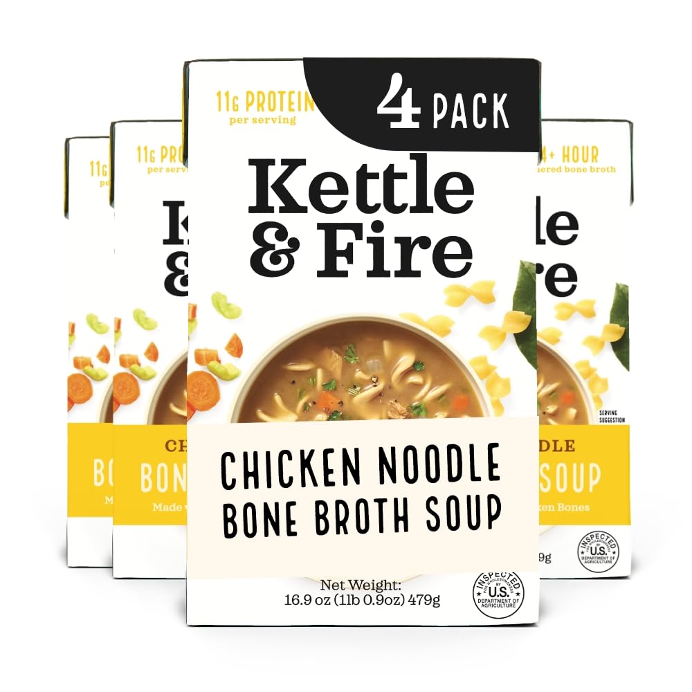 Kettle and Fire Chicken Noodle Soup with Bone Broth, Keto Friendly, High in Protein and Collagen, 4 Pack