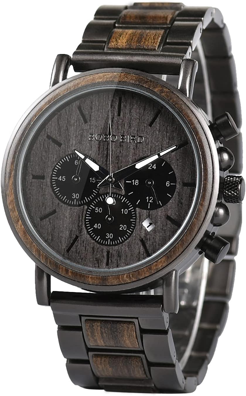 BOBO BIRD Wooden Mens Watches Wood & Stainless Steel Combined Chronograph Military Quartz Casual Wristwatches