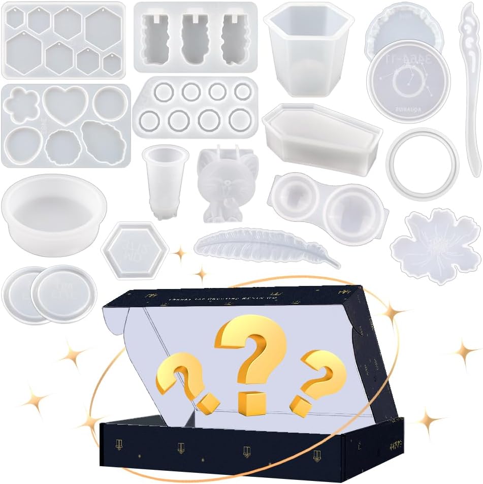 500G Random Resin Molds,Mystery Box Silicone Molds for Epoxy Resin,Blessing Bags Blind Box Moldes De Silicona para Resina,Contains Pendants,Coasters,Trays,Letters and Other Random Moulds