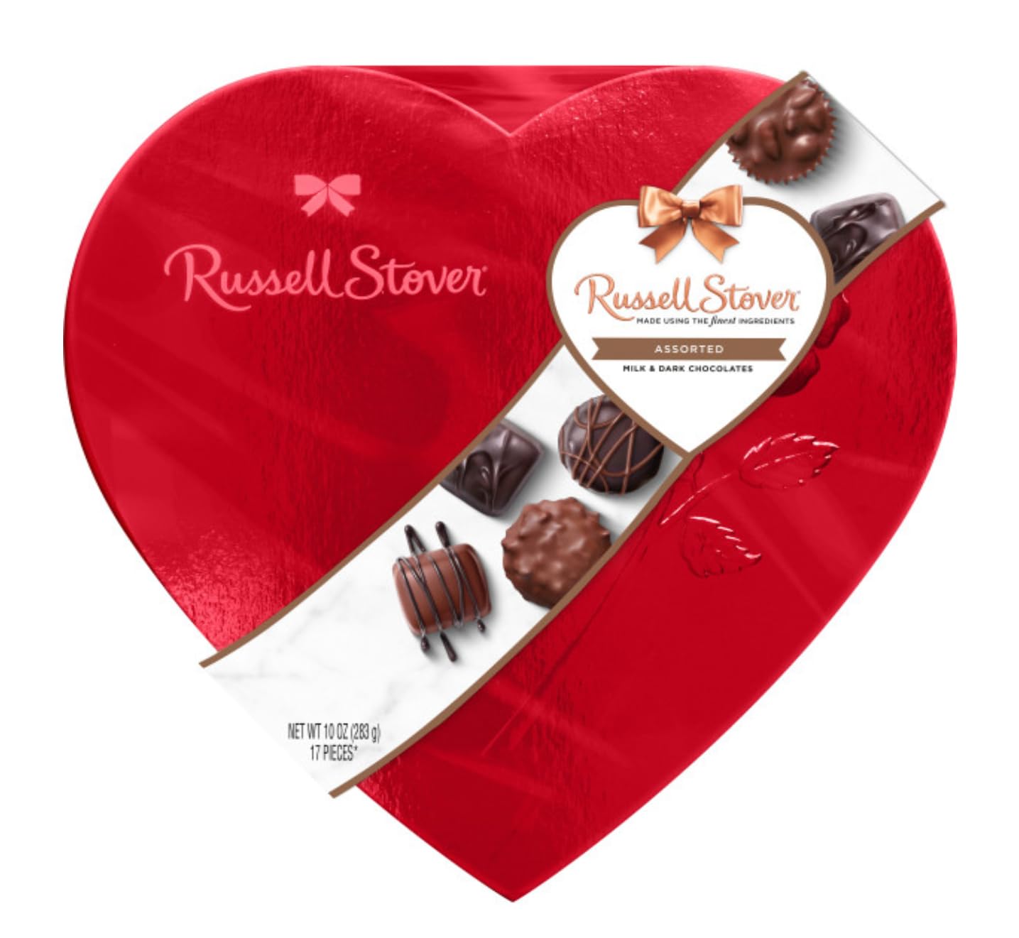 Russell Stover Valentine's Day Red Foil Heart - Assorted Milk and Dark Chocolate - 17 Pieces Per Box - Great For Sharing with Friends and Family