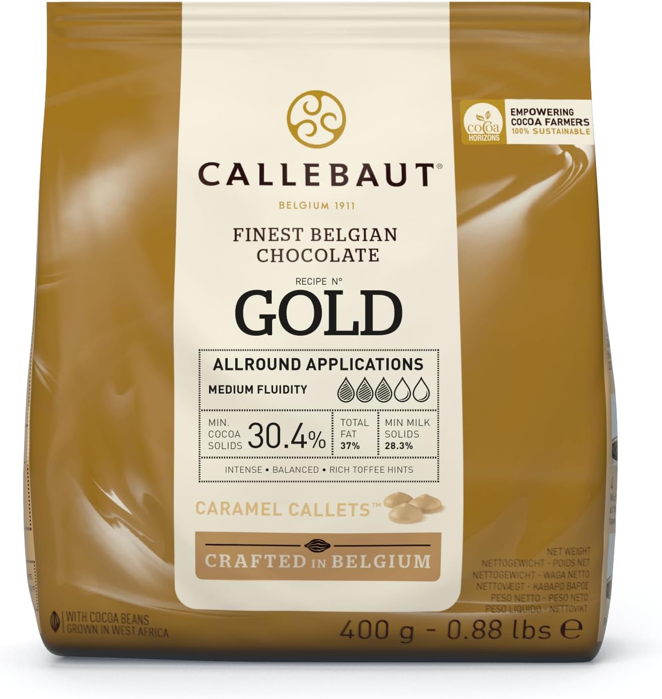 Callebaut Finest Belgian Gold Chocolate with Caramel Couverture Callets 400g