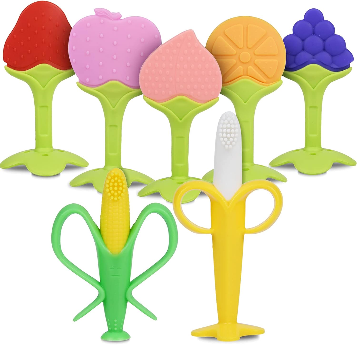 Vicloon Teething Toys for Baby, 7PCS Baby Silicone Teething Toy Training Baby Toothbrush teether chew Toy for Self-Soothing Organic Babys Teethers Massage Set for Newborn Infant, Babies Shower Gift