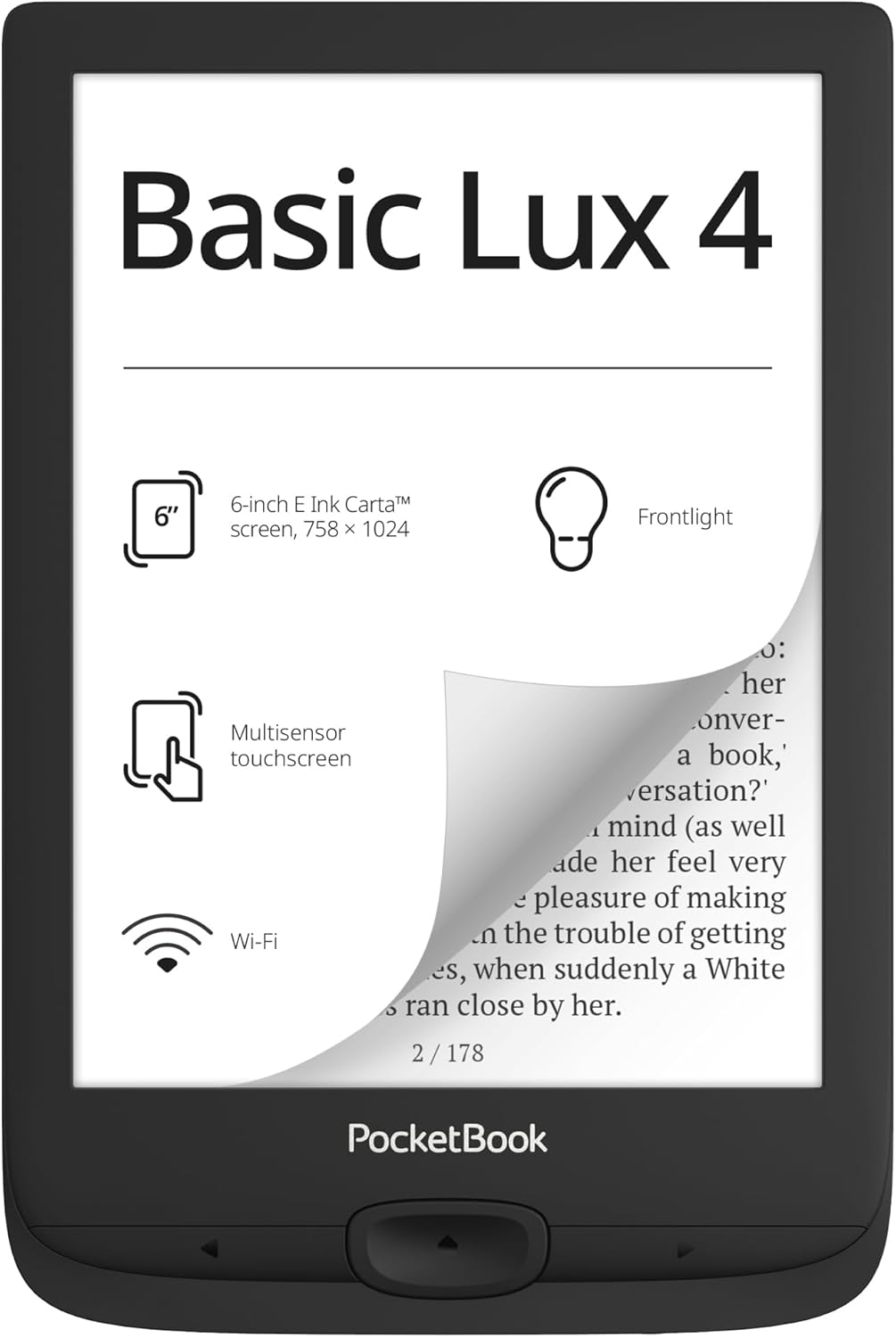 PocketBook Basic Lux 4 E-Book Reader | 6ʺ Glare-Free & Eye-Friendly E-Ink Technology | Compact & Lightweight E-Reader | Frontlight | Touchscreen | Wi-Fi | Dictionaries | Micro-SD Slot