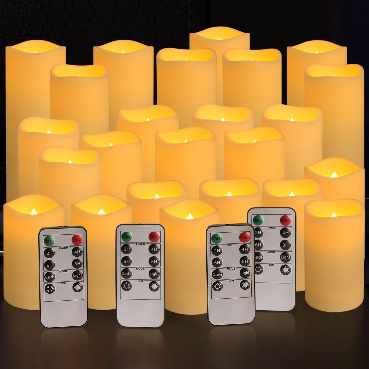 LIVEN Set of 24 Waterproof Outdoor Flameless Candles, LED Candles with 4 Remote and Timer,(H 4" 5" 6" x D 2.2"),for Halloween Wedding Festive