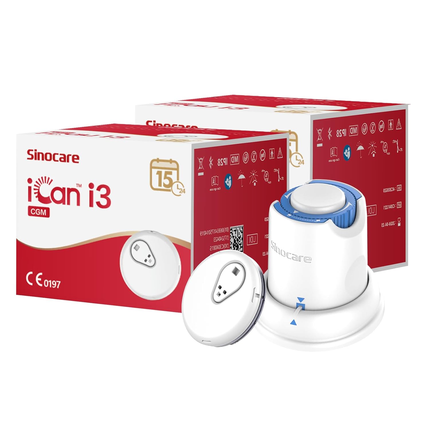 Sinocare iCan CGM, Continuous Glucose Monitor, 15 Days Wear-life & IP28, Every 3 Minutes Output Test Value Via iCan CGM App, Pack of 2 Sensors & Transmitters