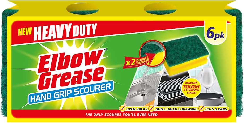 Elbow Grease Hand Grip Scourer - Heavy Duty | Suitable for Oven Racks, Non-Coated Cookware, Pots & Pans - Double Strength | Removes Tough and Stubborn Stains - Washing Up Sponge (6 Pack Yellow/Green)
