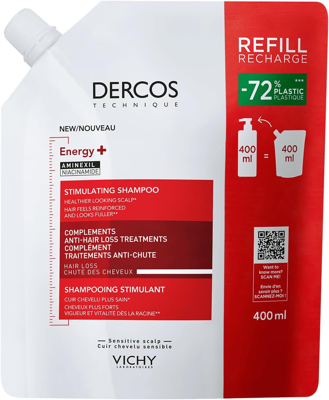 Vichy Dercos Vital+ Stimulating Shampoo Against Hair Loss Due to Hair Breakage, Growth Promoting and Strengthening Hair Care, with Aminexil & Niacinamide, Refill, 400 ml