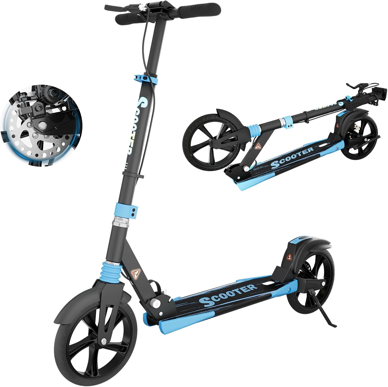 MEEGOO H007D Scooter with Disc Brake & Dual Shock Absorbers, 200mm PU Wheels ABEC-7 Bearings, Foldable Scooter for Adult 18+, Non-Slip Deck - Pink/White/Blue
