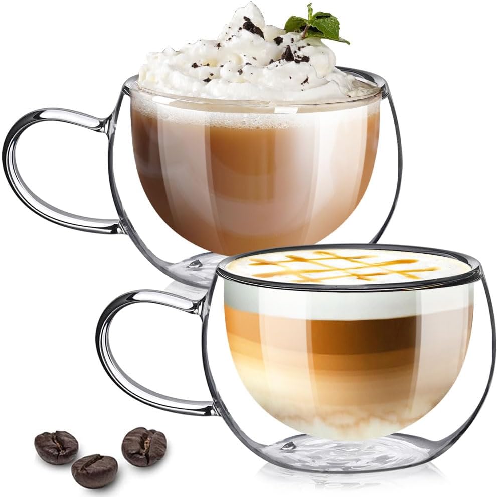 TKNO Double Walled Glass Cappuccino Cups, 270ml Cup Set of 2 Hollow Vacuum Sealed Insulated Cappuccino Latte Macchiato Coffee Glasses, Hand Made, Heat Resistant, Microwave Safe Drinking Glass Mugs