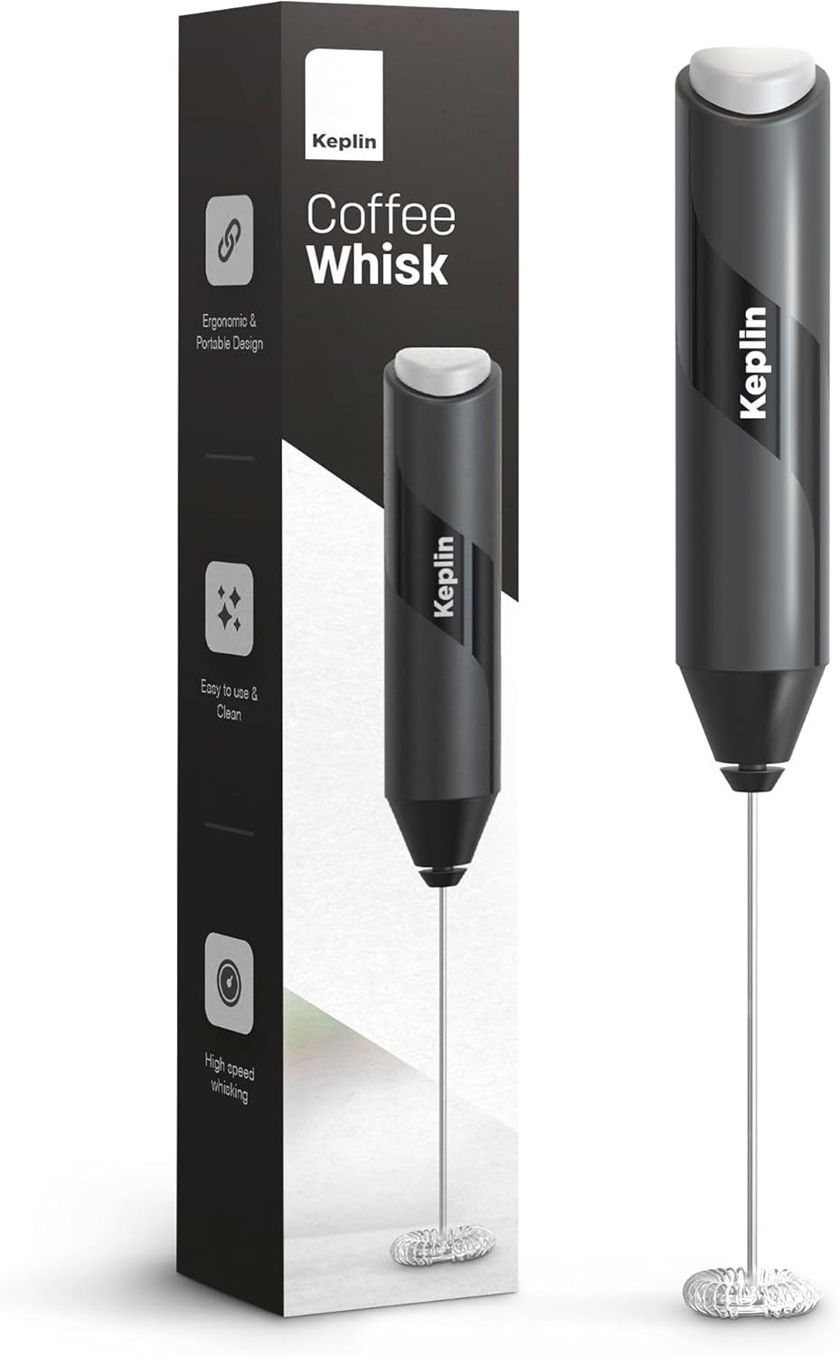 Keplin Handheld Milk Frother - Stainless Steel Electric Whisk - Portable Battery-Operated Coffee Frother for Lattes, Matcha, Protein Shakes - Ergonomic, Compact, Easy to Clean (Black)