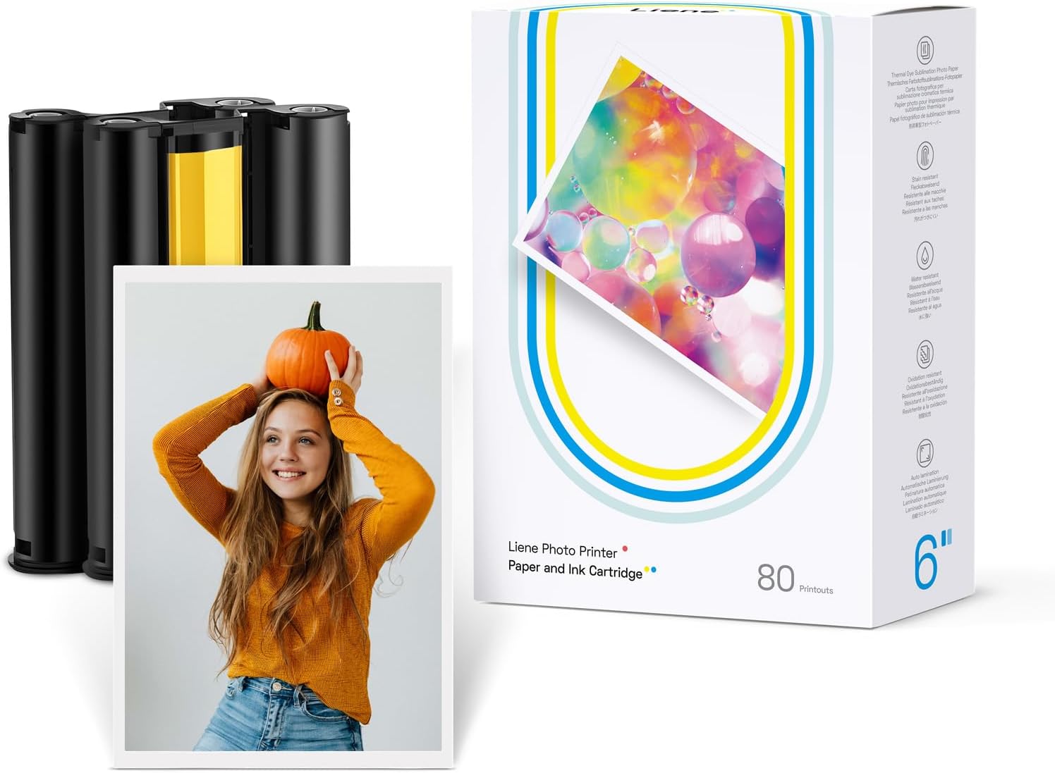 Liene Photo Printer Paper & Cartridge, 2 Ink Cartridge Refill & 80 sheets photo papers, 4x6", Dye Sublimation, Water & Oxidation-Proof, Compatible w/Liene Printer, for Display, Framing, Scrapbook