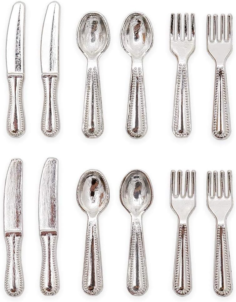 Odoria 1/12 Scale Dolls House Miniature Cutlery Set Knife and Fork Dollhouse Kitchen Accessories, Silver
