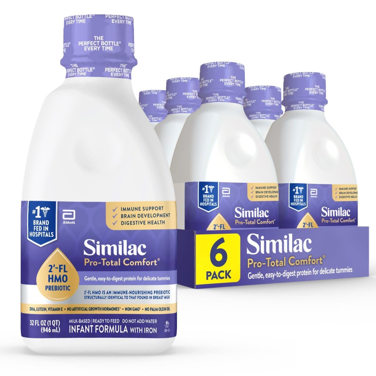 Similac Pro-Total Comfort Infant Formula With Iron, Gentle, Easy-to-Digest Formula, Has 2'-FL HMO for Immune Support, Non-GMO, Ready-to-Feed Baby Formula, 32-fl-oz Bottle, Pack of 6