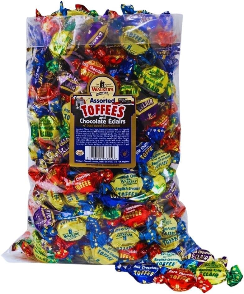 Walkers Assorted Toffees and Chocolate Eclairs 1 kg Assorted Toffees & Eclairs Retro Sweet Birthday School Kids Celebration Family And Friend Gift Box By Kidzkandy