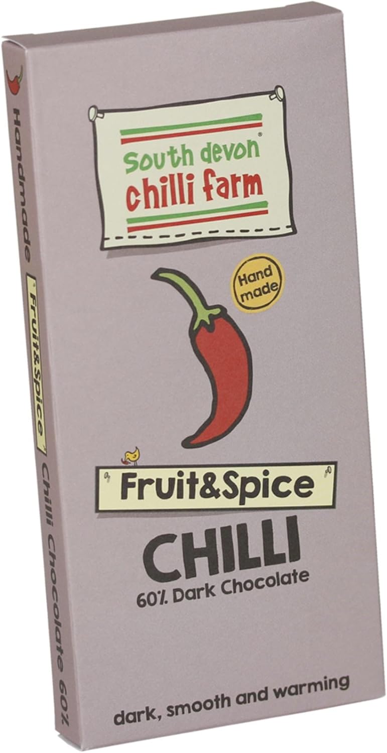 South Devon Chilli Farm Fruit & Spice Chilli Chocolate - Delicious 60% Dark Belgian Chocolate Combined With Homegrown Chillies - Dark, Smooth & Warming - Gift Present for Him or Her - 80g Bar