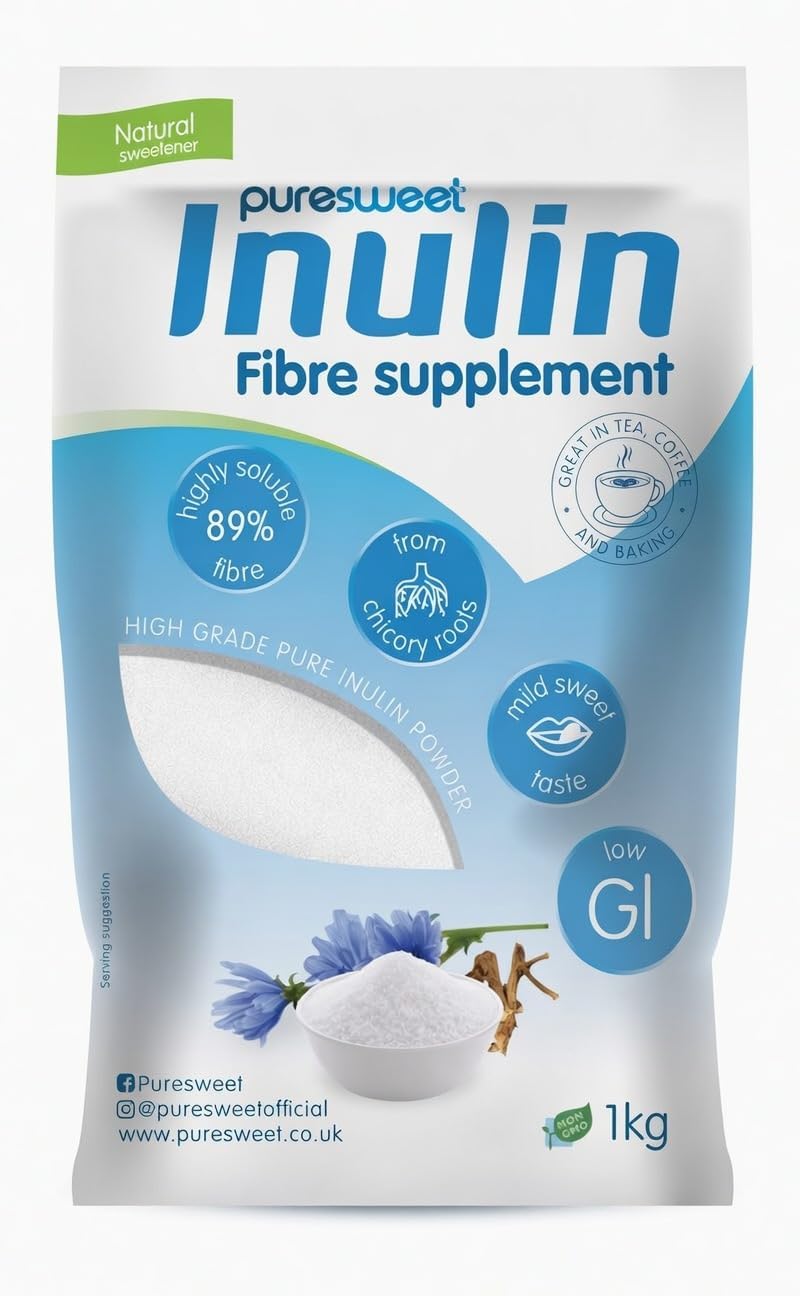Inulin Prebiotic Fibre Powder 1kg by Puresweet®, Chicory Root, Highly Soluble, Made in the EU, Fructo Oligosaccharide (FOS), Gluten Free, Vegan.