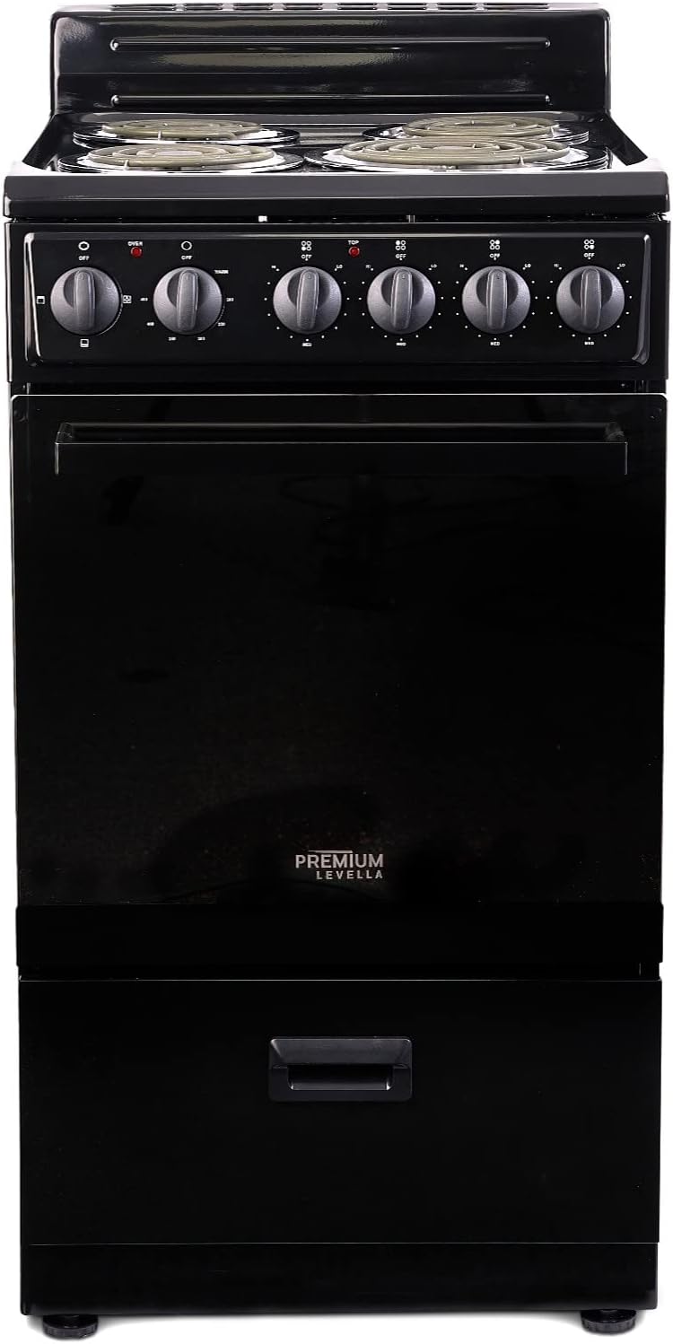 Premium Levella PRE2027GB 20 in Freestanding Electric Range with 4 Coil Burners and 2.2 Cu. Ft. Single Oven Capacity with Lower Storage Drawer in Black