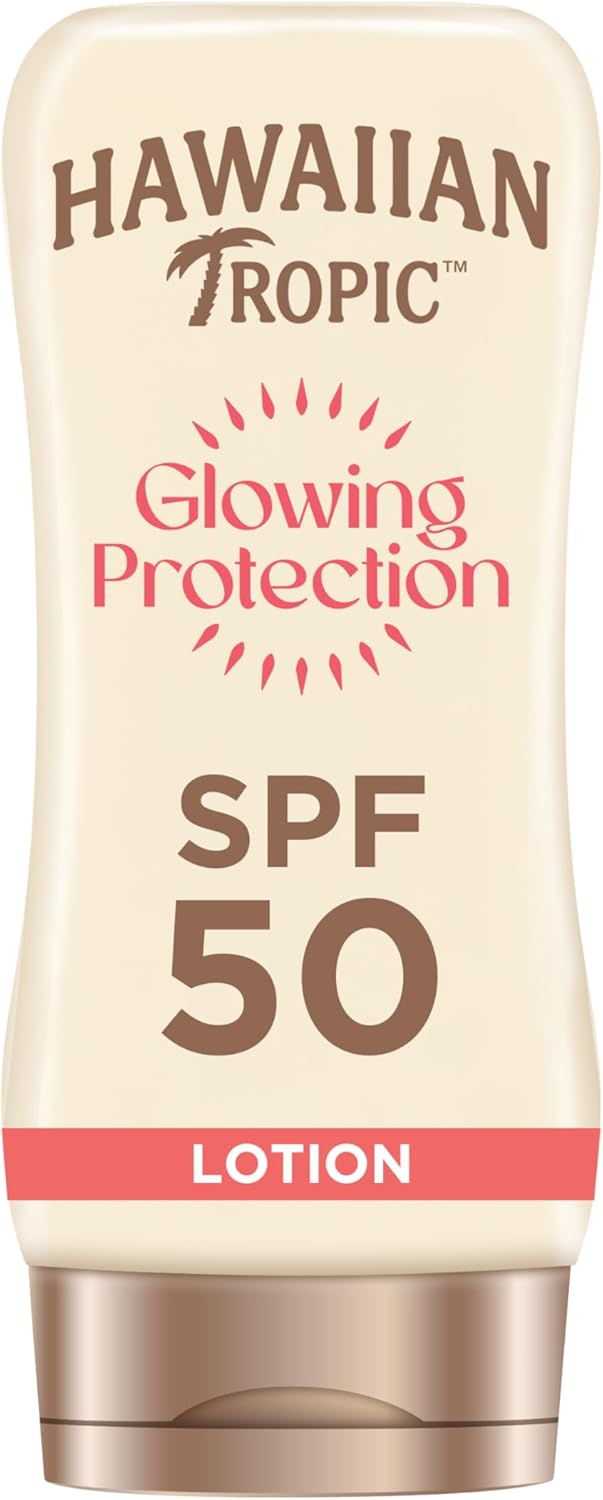 Hawaiian Tropic Glowing Protection Sunscreen Lotion, Water Resistant SPF 50 UVA + UVB Protection Suncream, Tropical Scent Sun Lotion with Shea Butter, 180 ml