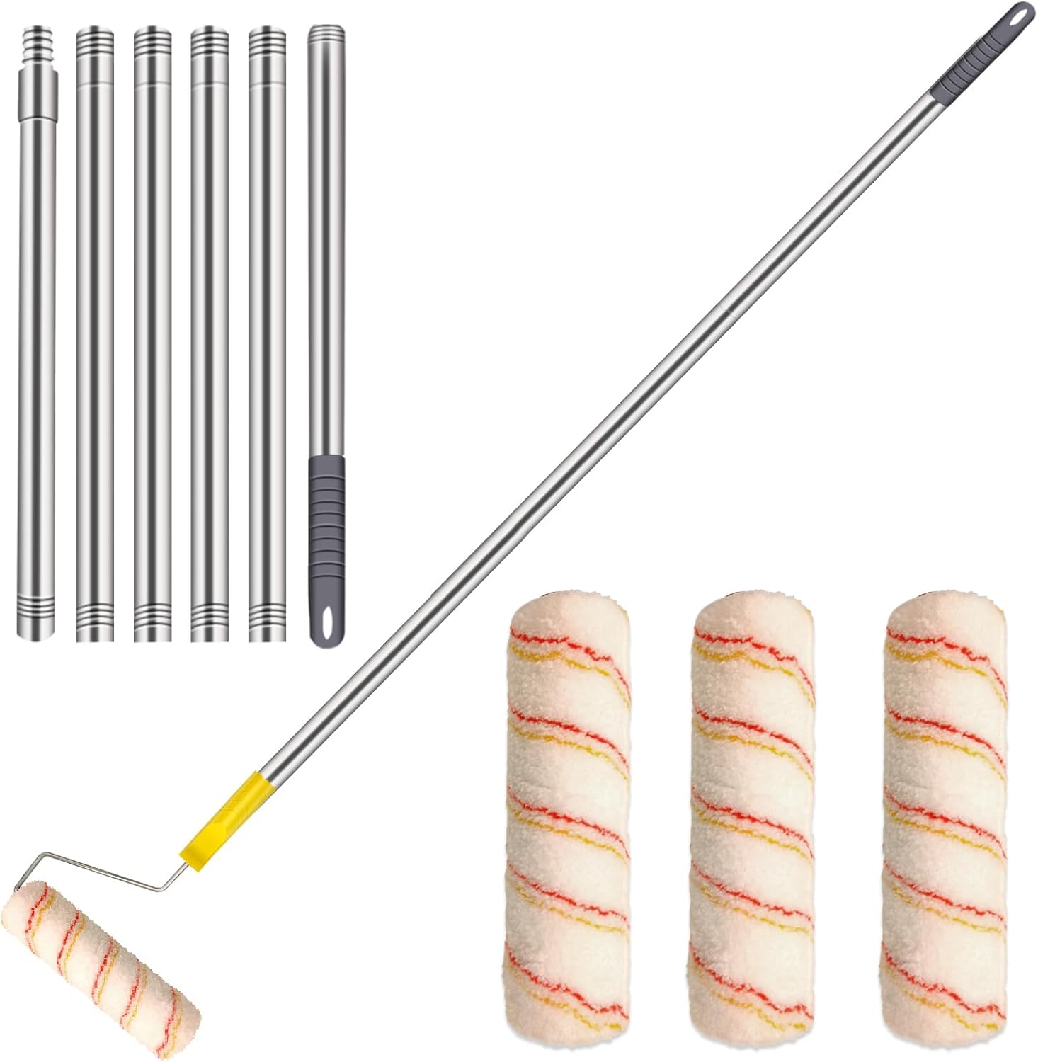 HpCuales Paint Roller Kit,Paint Roller Brush Set with 8FT Stainless Steel Pole and 3pcs 9Inch Roller Covers,Multi-Function Long Paint Roller Household Wall Painting Tool,for Walls and Ceiling