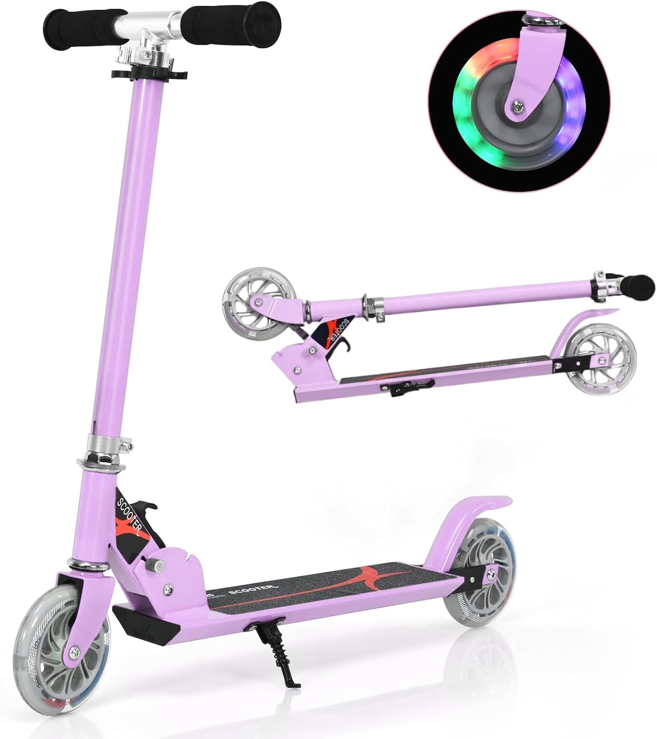 GYMAX Kids Stunt Scooter, Folding Kick Push Scooter with 2 Flashing Wheels and Adjustable T-bar, Perfect as a Gift for 4-13 Years Boys Girls (Purple)