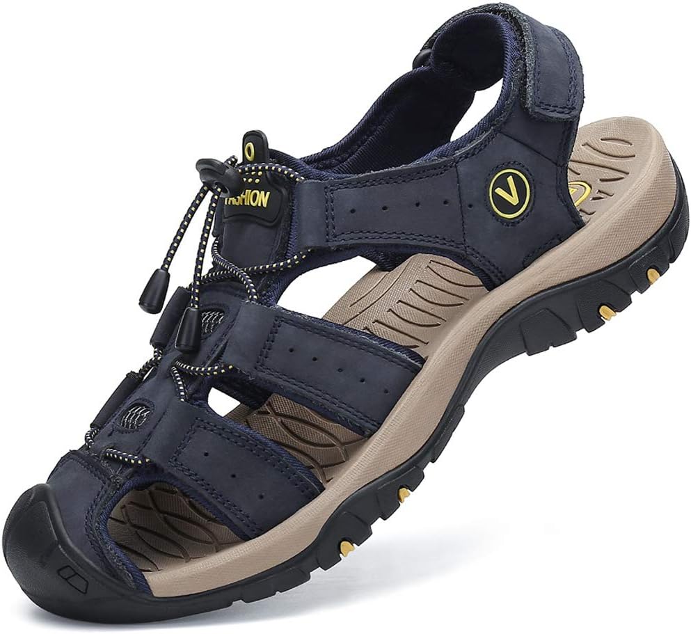 FLARUT Men's Sport Sandals Outdoor Hiking Sandals Closed Toe Lightweight Leather Athletic Trail Walking Casual Sandals Water Shoes