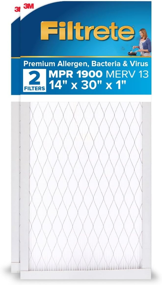 Filtrete 14x30x1 AC Furnace Air Filter, MERV 13, MPR 1900, Premium Allergen, Bacteria & Virus Filter, 3-Month Pleated 1-Inch Electrostatic Air Cleaning Filter, 2-Pack (Actual Size 13.81x29.81x0.78 in)