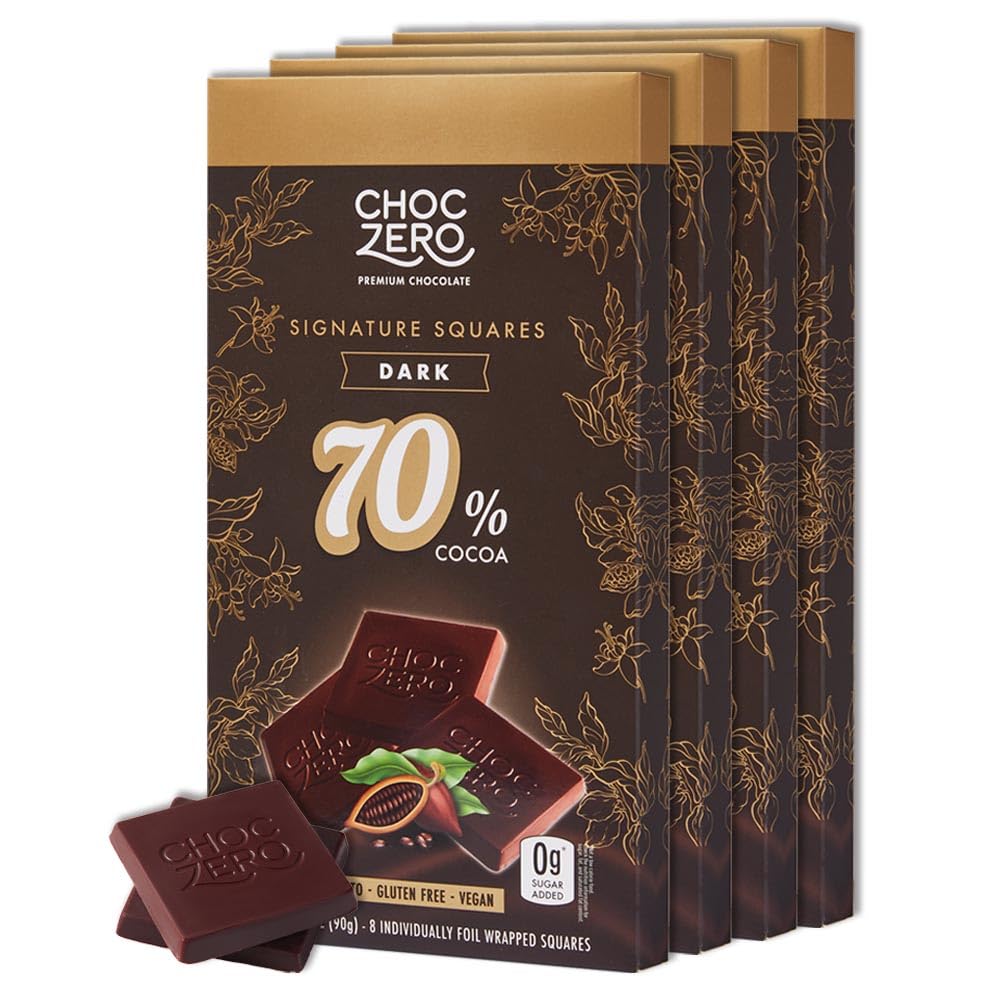 ChocZero 70% Dark Chocolate, Sugar Free, Low Carb, All Natural, Keto Friendly, 3.2 Ounce (Pack of 4)