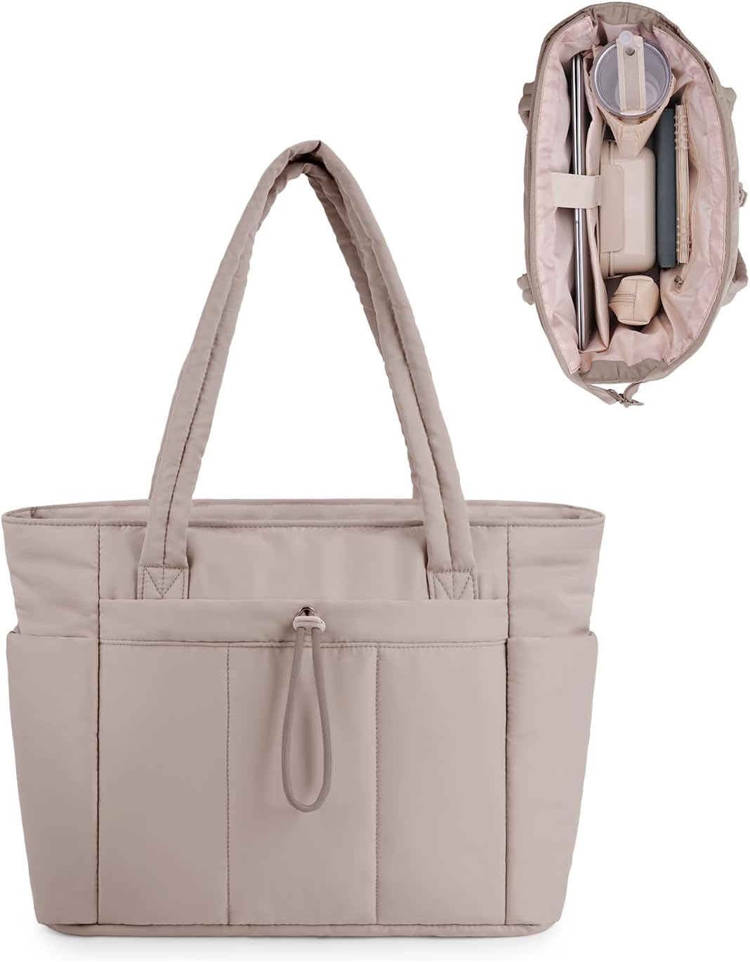 Tote Bag for Women with Zip Large Capacity Shoulder Handbag with 15.6 Inch Laptop Compartment and 40oz Water Bottle Pocket for Work School Travel, Beige (Patent Pending)