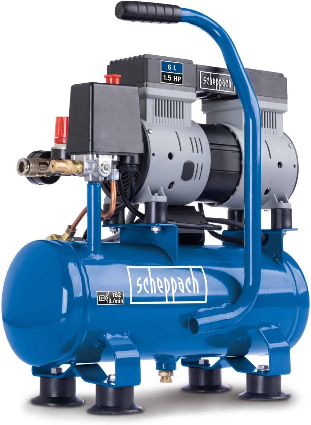 Scheppach HC08Si Ultra Silent Air Compressor | 1100W | 6L Tank | 8 Bar | 162 L/min | Oil-Free | 67 dB Quick Coupling