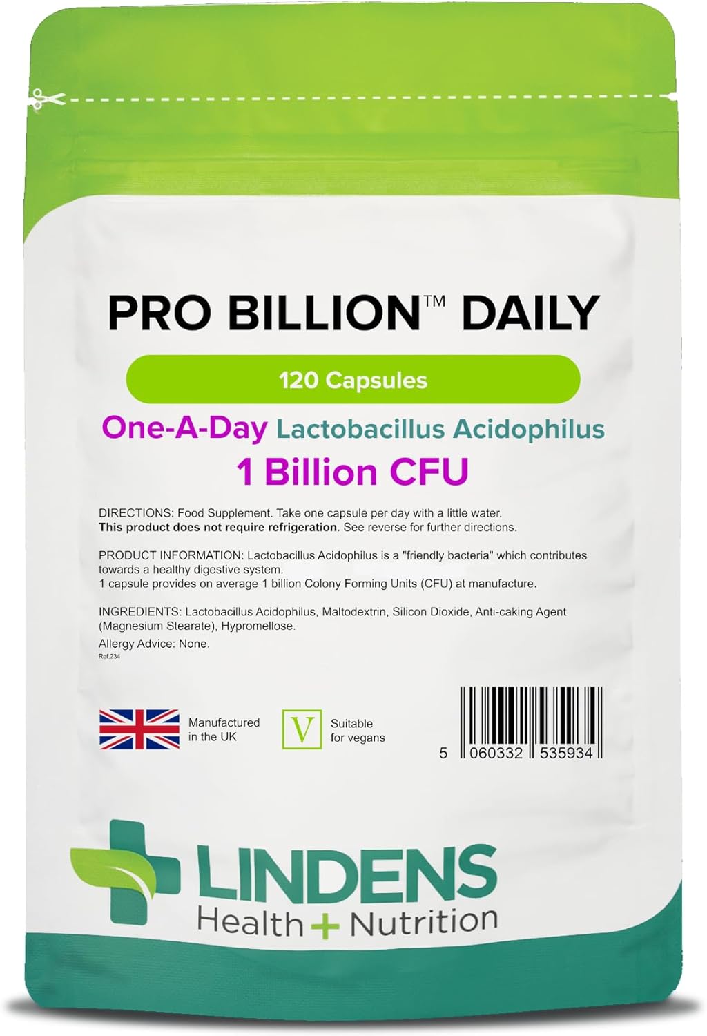 Lindens - Pro Billion Daily - Acidophilus Lactobacillus - 120 Capsules - UK Made - 1 Billion CFU Friendly Bacteria - Supports Digestive Health - Vegan Friendly - GMP & Letterbox Friendly