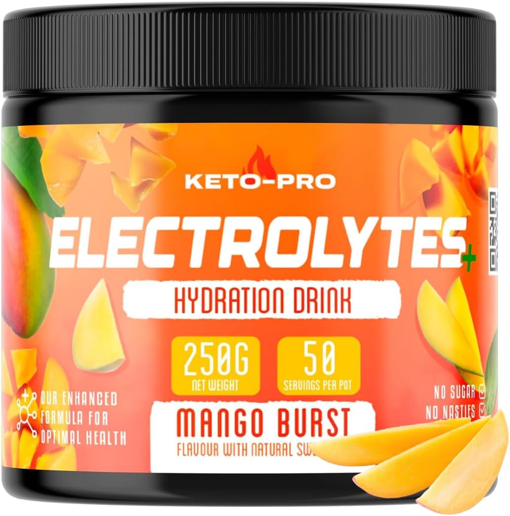 Keto-Pro Electrolytes 250g | Keeping You Electric | Electrolyte Powder & Salts with Astaxanthin | Supporting Your Keto Fasting, Health & Fitness Goals | Mango Burst Flavour