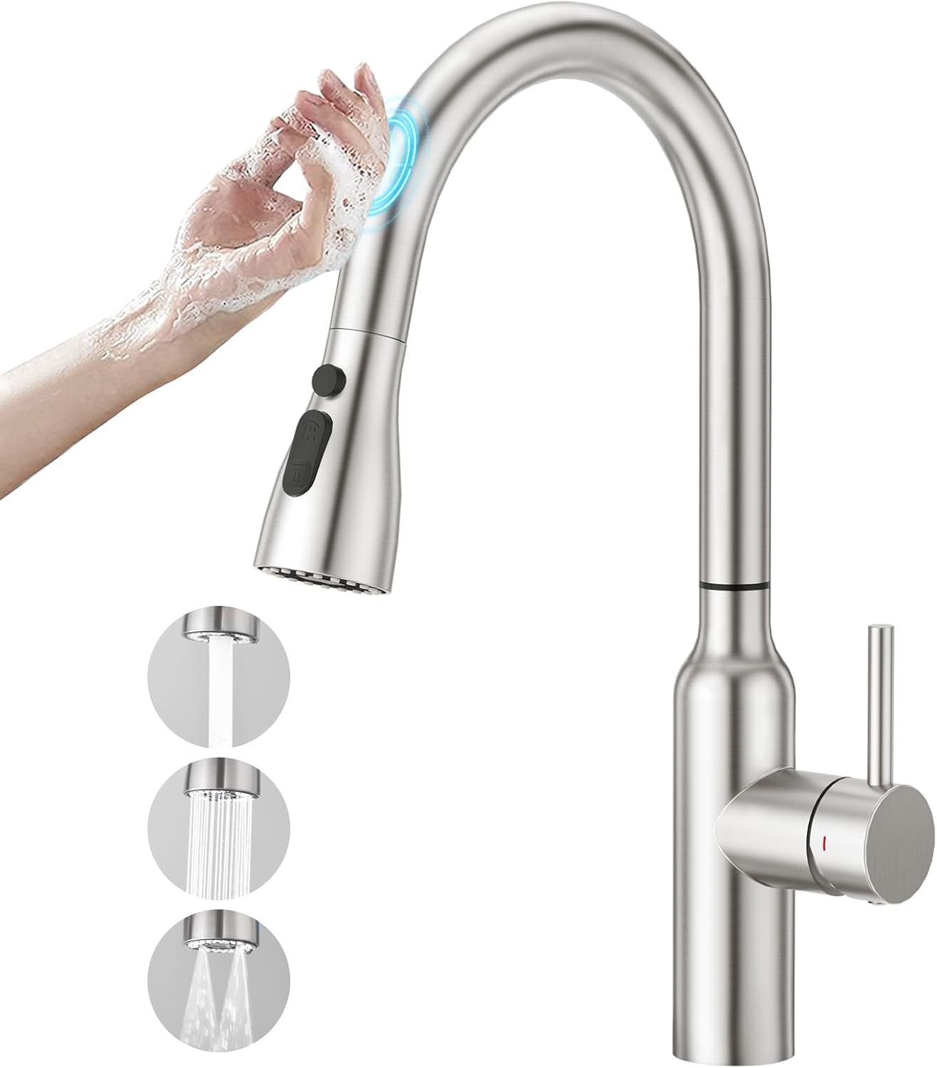 CREA Touch Sensor High Arch Kitchen Sink Mixer Tap with Pull Out Spray, Single Lever Kitchen Tap with 3 Functions 360° Swivel Extendable Spout Brushed, Stainless Steel UK Standard